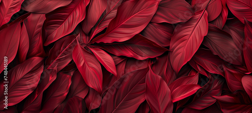 Dark red tropical leaves texture background with copy space, flat lay