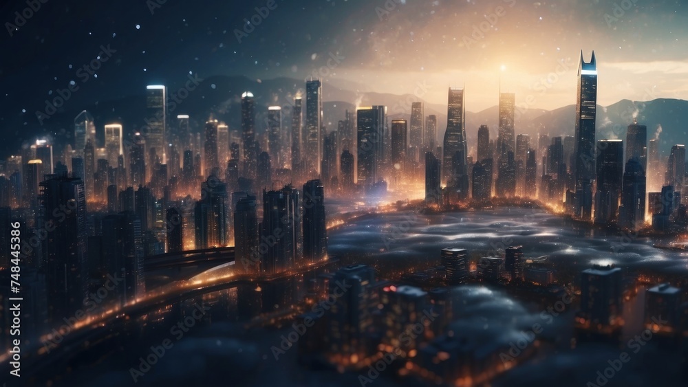 Obraz premium Drifting City in IT Technology Space Particles Background