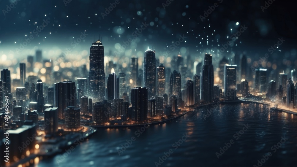 Drifting City in IT Technology Space Particles Background