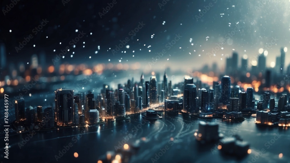 Obraz premium Drifting City in IT Technology Space Particles Background