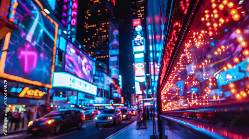 Through the darkness the citys vibrant nightlife invites you in as digital billboards and neon lights guide the way with their vibrant and alluring glow.