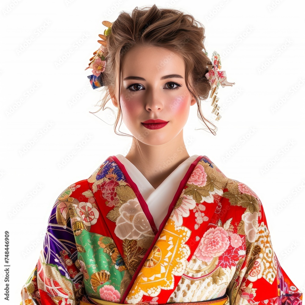 Pretty Young Woman in a Japanese Furisode Kimono, Adorned with Intricate Designs and Rich Colors, Styled with Soft Makeup to Showcase Her Clear, Dewy Skin and Subtle Blush. photo on white isolated bac