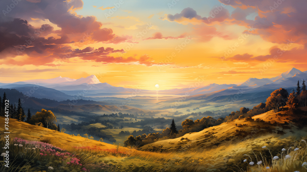 A dreamy watercolor scene capturing the breathtaking colors of a sunset over rolling hills.