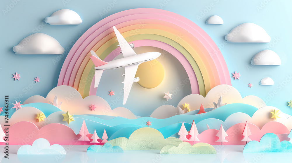 Colorful paper cut airplanes flying above the clouds and rainbow colored mountains with a blue sky background.AI Colorful paper cut airplanes flying above the clouds and rainbow colored mountains with a blue sky background.AI