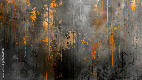 Abstract grunge texture with rusty orange and tan drips on dark background