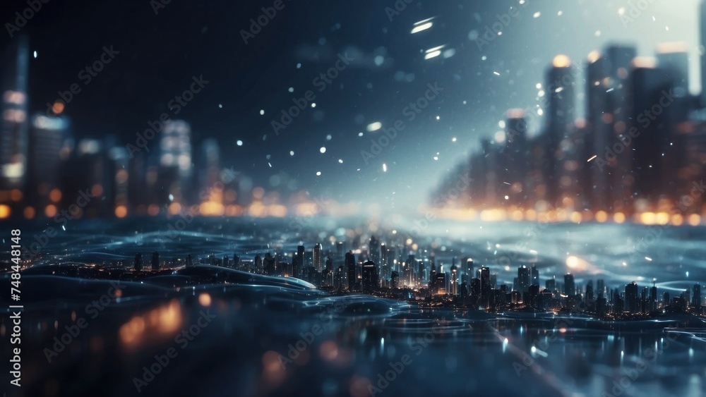 Drifting City in IT Technology Space Particles Background