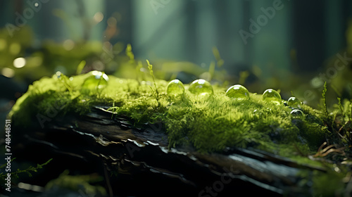 A stone covered with green moss in the forest