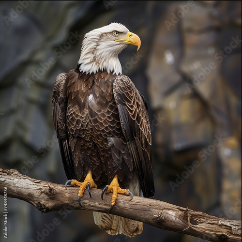 An eagle perched on a branch with a blur of rocks behind. ai generated.