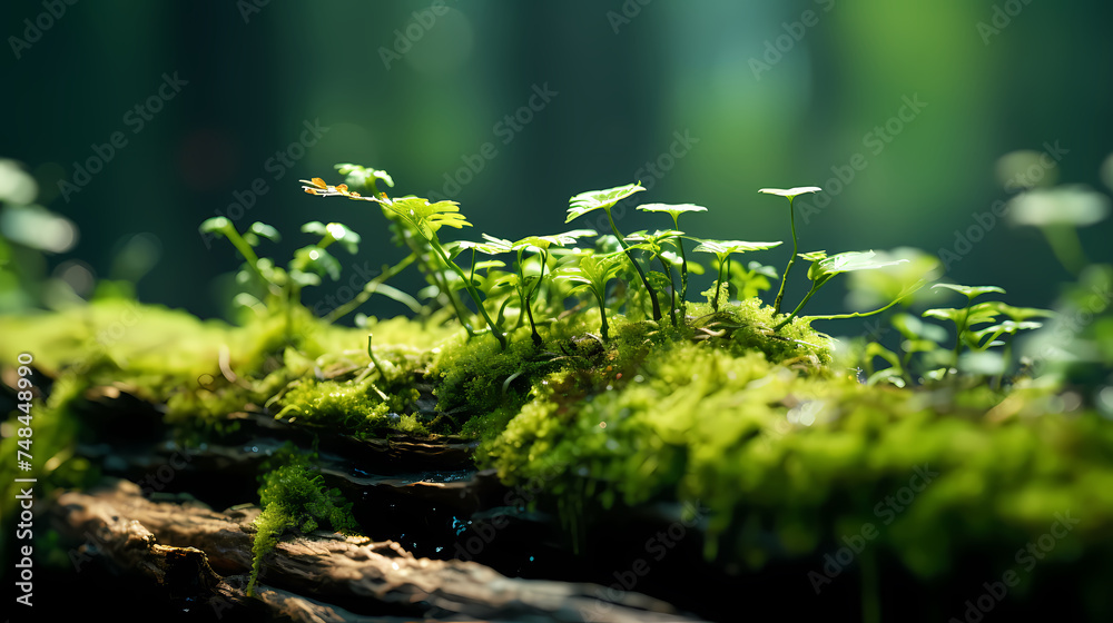 A stone covered with green moss in the forest A stone covered with green moss in the forest