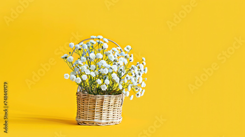 White Flowers Nestled in a Wooden Basket Against a Sunny Yellow Spring Backdrop © SebuahKisah