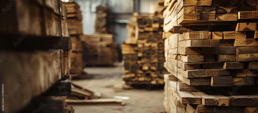 Obraz premium Rustic stack of firewood logs prepared for winter season in countryside