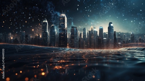 Drifting City in IT Technology Space Particles Background