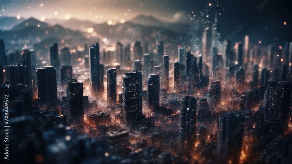 Fototapeta premium Drifting City in IT Technology Space Particles Background