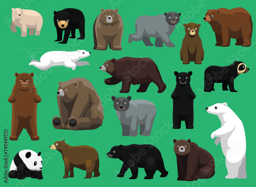 Bear Brown Black Various Species Cute Cartoon Vector Illustration Set