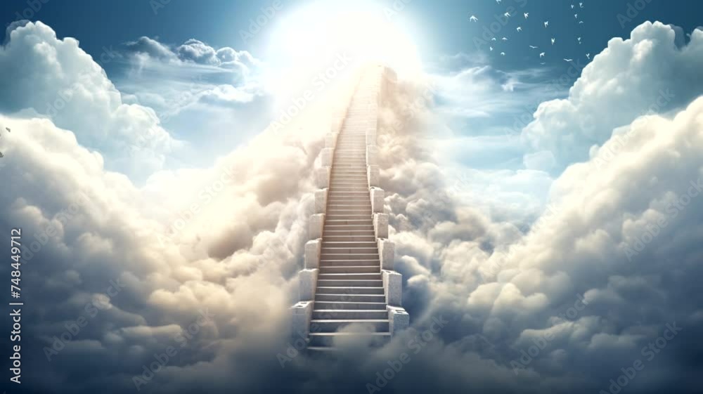 Scene of the stairs to heaven with a cloudy background, animated virtual repeating seamless 4k