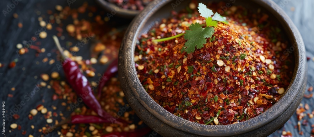 Fiery red chili peppers in a vibrant bowl surrounded by various aromatic spices for cooking - obrazy, fototapety, plakaty 