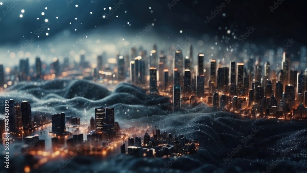 Fototapeta premium Drifting City in IT Technology Space Particles Background