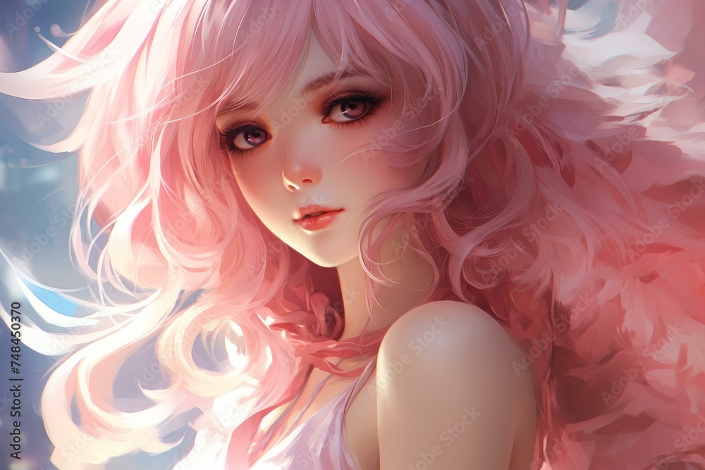 Imaginative Asian pink anime girl. Woman beauty. Generate Ai