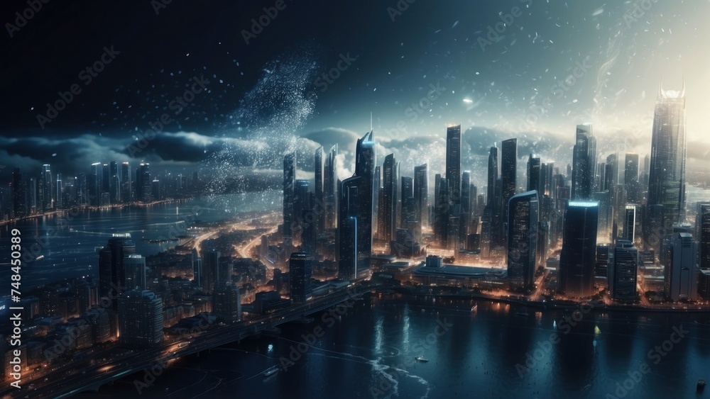 Drifting City in IT Technology Space Particles Background Drifting City in IT Technology Space Particles Background