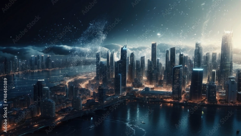 Drifting City in IT Technology Space Particles Background