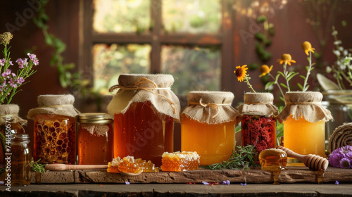 Jars of honey preserves and pickled vegetables all made by hand with locally grown produce.