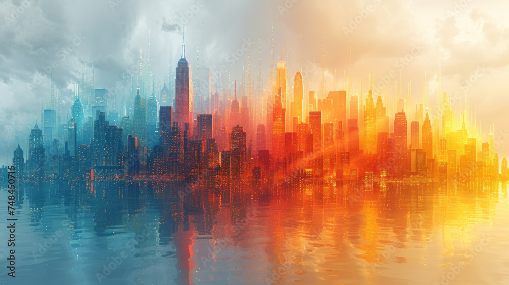 An artfully designed progress bar chart resembling a futuristic city skyline with each building representing a different stage of mutual fund investment progress. The varying An artfully designed progress bar chart resembling a futuristic city skyline with each building representing a different stage of mutual fund investment progress. The varying