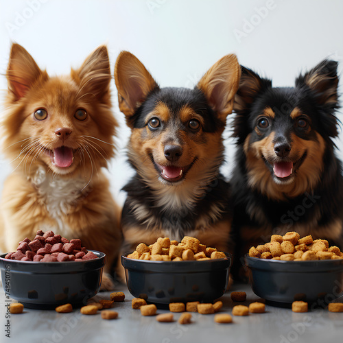 Happy family pets gathered around vibrant bowls of healthy pet food, joyous atmosphere on white background.