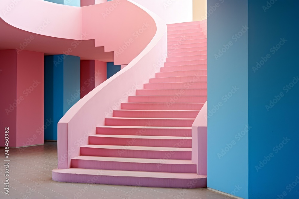 Captivating Spiral stairs pink sky. Round tower. Generate Ai - obrazy, fototapety, plakaty 