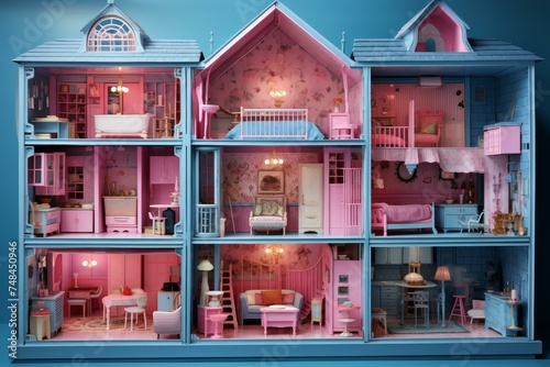 Ornate Pink doll house. Wood interior house. Generate Ai