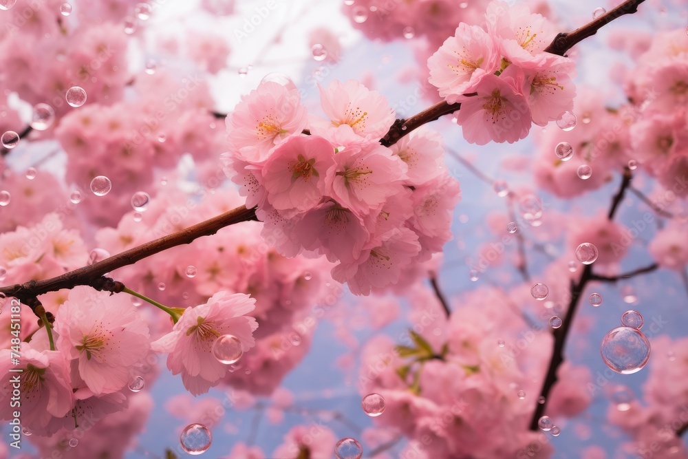Obraz premium Ephemeral Pink cherry blossom. Garden nature season. Generate Ai