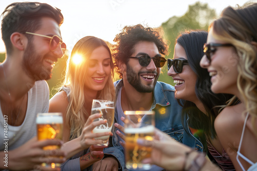 A close-knit group of friends share a cheerful toast with beers in hand, enjoying each other's company during a beautiful sunset © Centric 