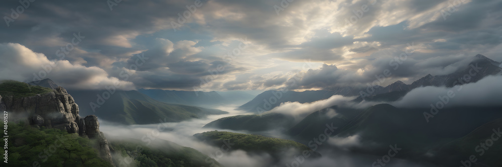 Majestic Horizons: Thick Rolling Clouds Amidst Mountains and Rivers, Evoking a Grandiose Sensation. Perfect for Inspiring Landscapes, Adventure Themes, and Expansive Vistas.