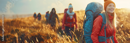 A line of hikers with backpacks trek through a golden field at sunset, enjoying the warmth of the evening light