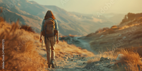 A lone female hiker walks on a trail through golden hills, with vast mountains ahead
