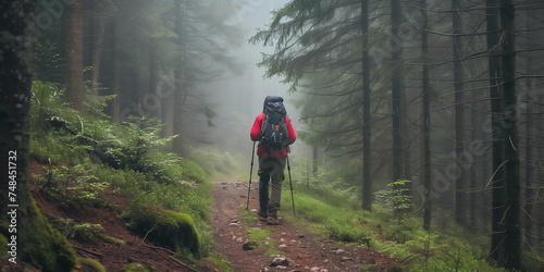A lone hiker with trekking poles walks on a forest trail, shrouded in fog