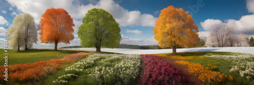 Seasonal Symphony: Each Section Portrays a Season - Spring Flowers, Summer Greenery, Autumn Leaves, and Winter Snowscapes, Capturing the Changing Moods of the Four Seasons. 3:1 Banner. photo