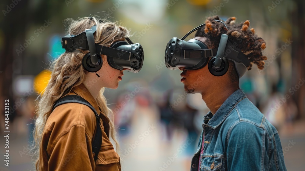 Fototapeta premium man and women wear VR Headset communicating in metaverse word