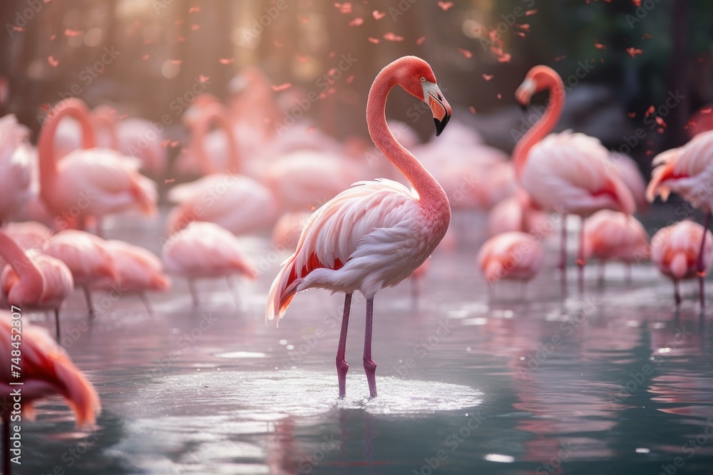 Obraz premium Tranquil Flamingo lake water. Zoo birds. Generate Ai