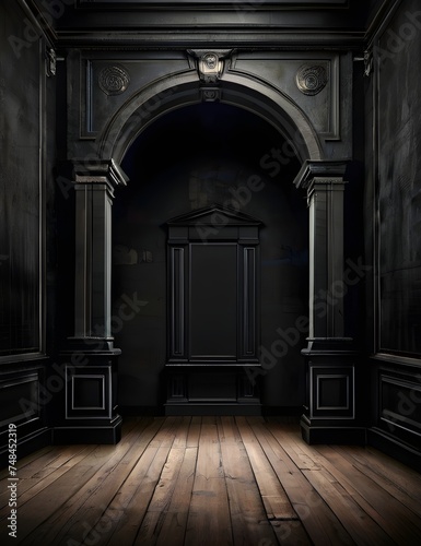 Haunted room wallpaper classical architecture, rustic texture, black background, grandiose composition. Generative AI