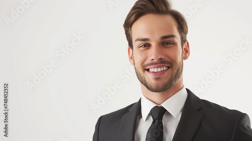 A classy businessman with a compelling stare, his professional approach and warm grin standing out on a plain white background