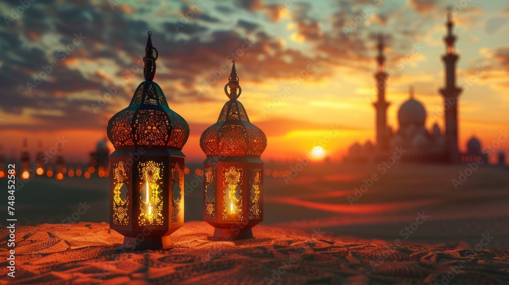 Arabic lanterns with burning candles in the desert with a mosque and sunset in the background, copy space - generative ai - obrazy, fototapety, plakaty 