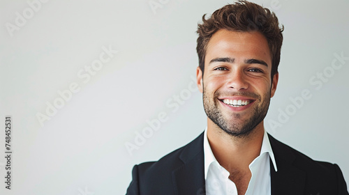 A dapper businessman with a charming smile, his charismatic presence shining through as he faces the camera against a white backdrop