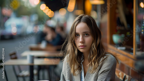 Uma jovem mulher apreciando um café em um café moderno com a agitação urbana desfocada ao fundo photo