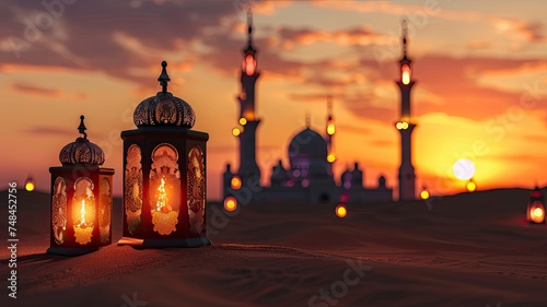 Arabic lanterns with burning candles in the desert with a mosque and sunset in the background, copy space - generative ai