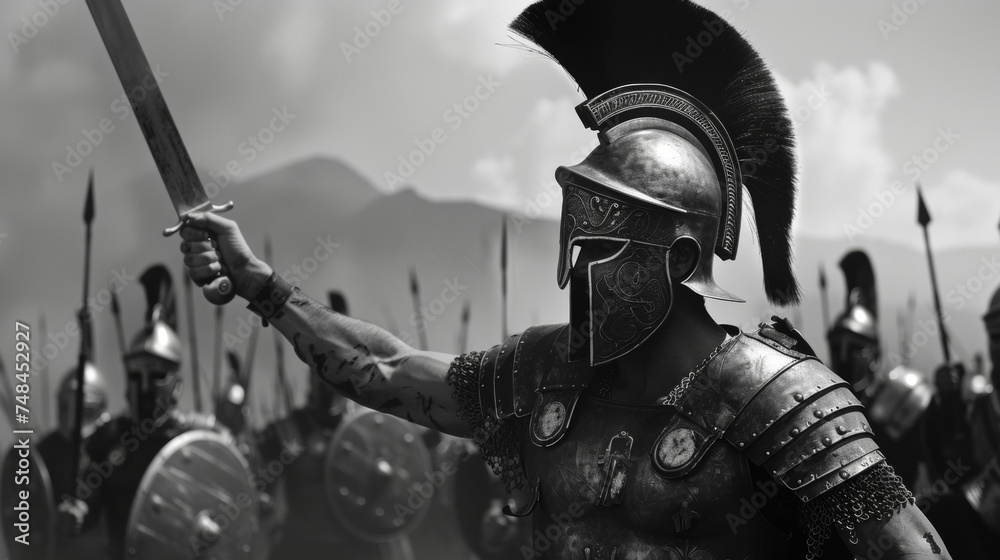 The leader of the hoplites raises his sword high signaling his troops to charge. His intricate plate and plumed helmet mark him as a veteran warrior. - obrazy, fototapety, plakaty 