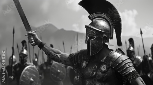 The leader of the hoplites raises his sword high signaling his troops to charge. His intricate plate and plumed helmet mark him as a veteran warrior. photo