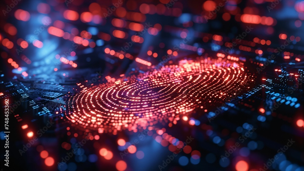 Digital fingerprint on display screen with data and cybersecurity concept