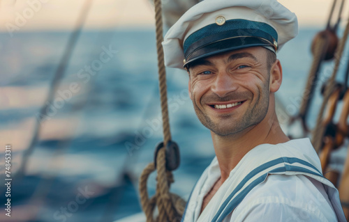 a seaman sailor man, his captivating smile complemented by the crisp elegance of his white uniform, evoking a sense of maritime grace. © Surachetsh