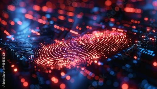 Digital fingerprint on display screen with data and cybersecurity concept