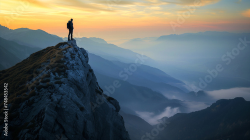 A hiker with a backpack standing on a ridge, overlooking a dramatic mountain landscape at sunset.